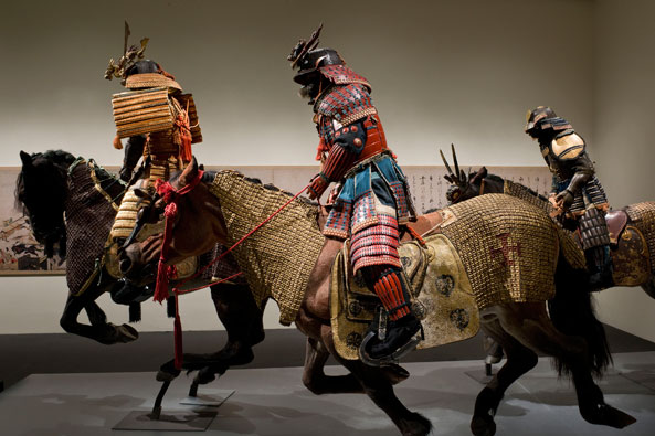 Samurai cavalcade from the collection of Ann and Gabriel Barbier-Mueller as seen in the exhibition, "Samurai!" Armor of iron, lacquer, gold, and brocade for horses; warriors date from the 16th–19th centuries. Horses are constructed of fiberglass and steel.