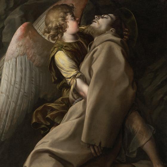 A weakened, fainting St. Francis is supported by an angel. 