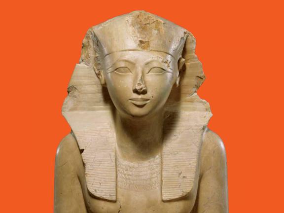 Unknown artist, seated statue of Hatshepsut (detail), Egyptian, New Kingdom, Dynasty 18, joint reign of Hatshepsut and Thutmose III, about 1479–1458 BCE. Indurated limestone, paint. The Metropolitan Museum of Art, New York; Rogers Fund, 1929. Image copyright © The Metropolitan Museum of Art. Image source: Art Resource, NY.