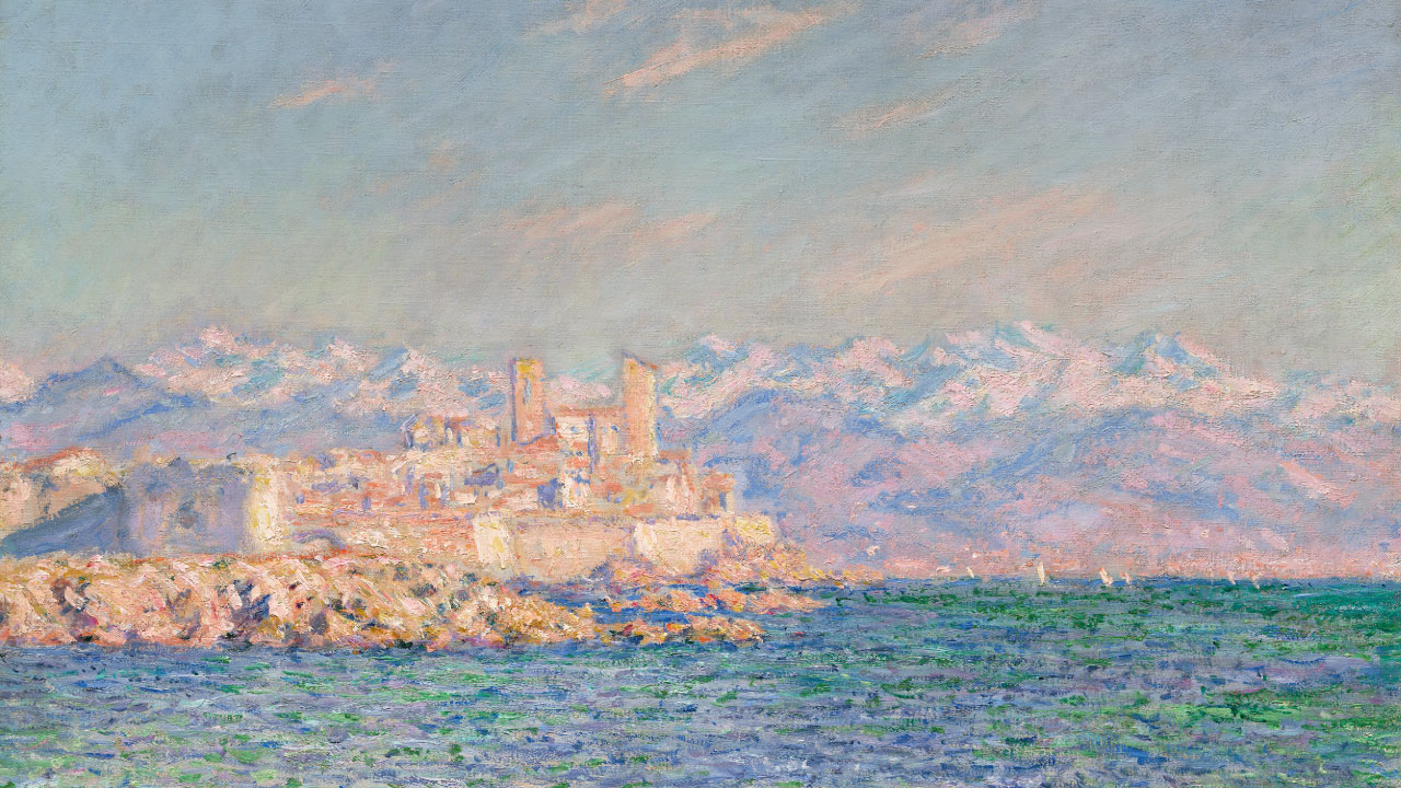 Detail of Monet's painting depicting town across water with mountains in distance