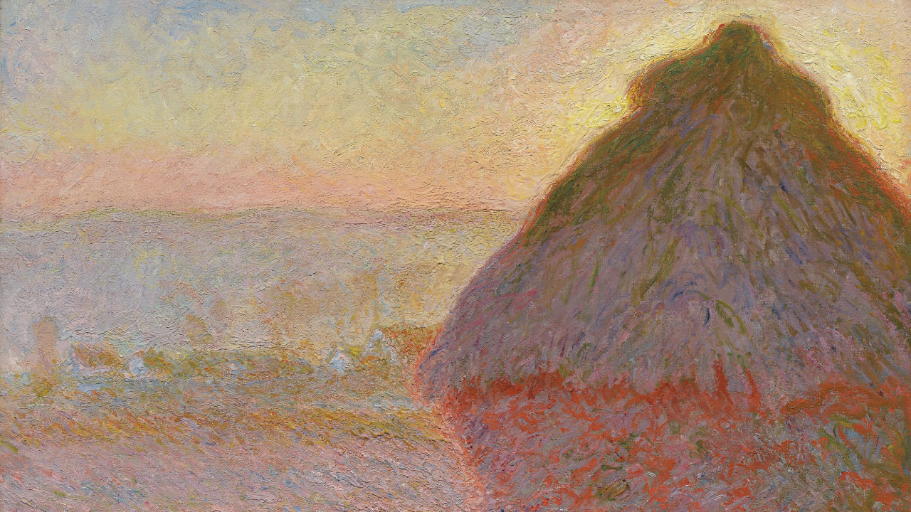 Detail of Monet's painting depicting grain stack during sunset