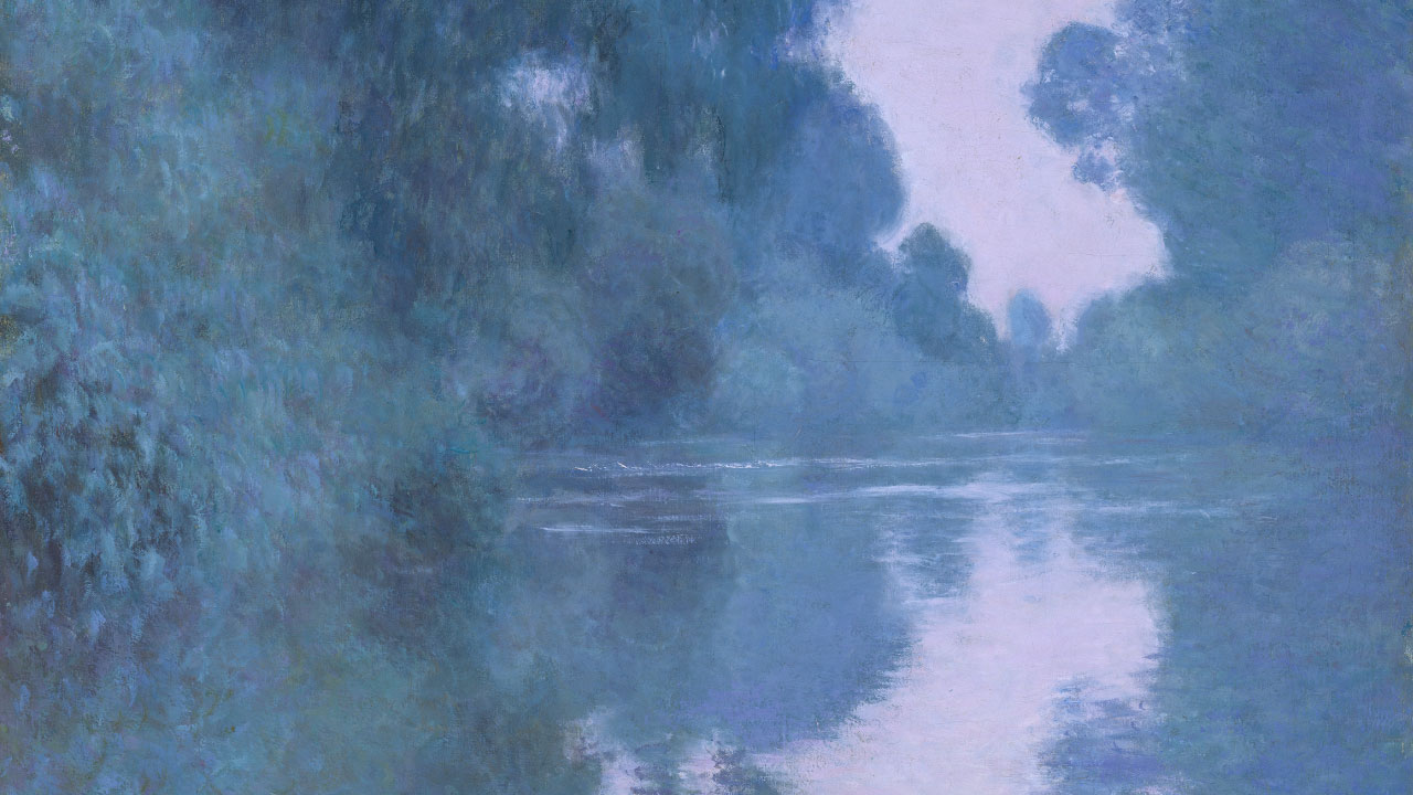 Detail of Monet's painting depicting calm water scene with trees and plants reflected in water